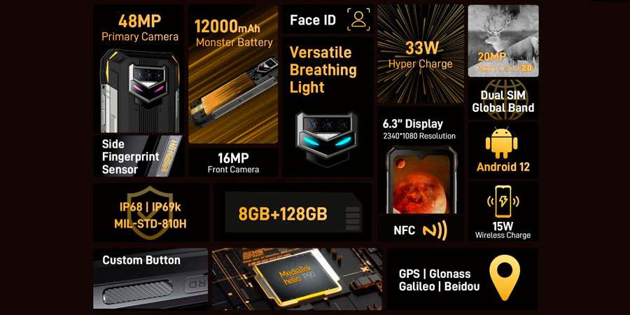 Doogee S98  функции 2 сим-карты, NFC, Face ID, быстрая зарядка 33W, поддержка беспроводной зарядки 15W