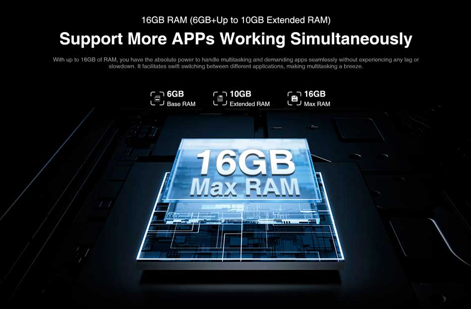 DOOGEE S41 Max 6/256GB имеет 6 ГБ оперативной памяти, с возможность расширения на 10 ГБ