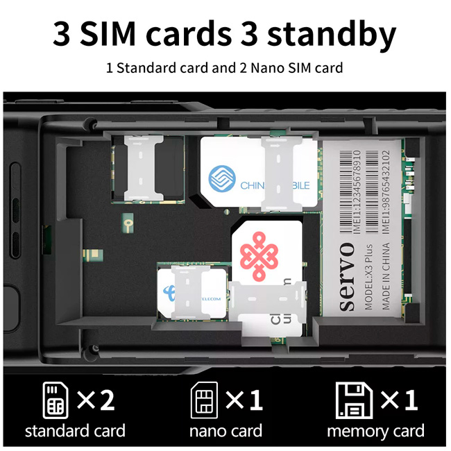 Servo X3 Plus телефон с рацией имеет возможность использования трех сим-карт и слот для карты памяти
